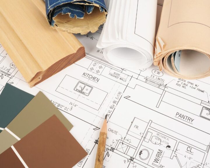 kitchen-design-plans-sarasota-fl-1024x768px Architectural plans with wood and paint samples.