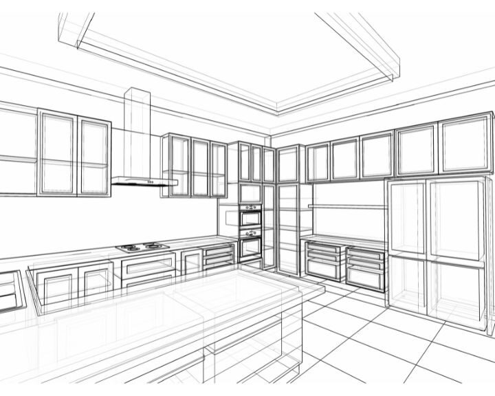 kitchen-design-sarasota-fl-720x576px 3D kitchen design blueprint with cabinets and appliances.