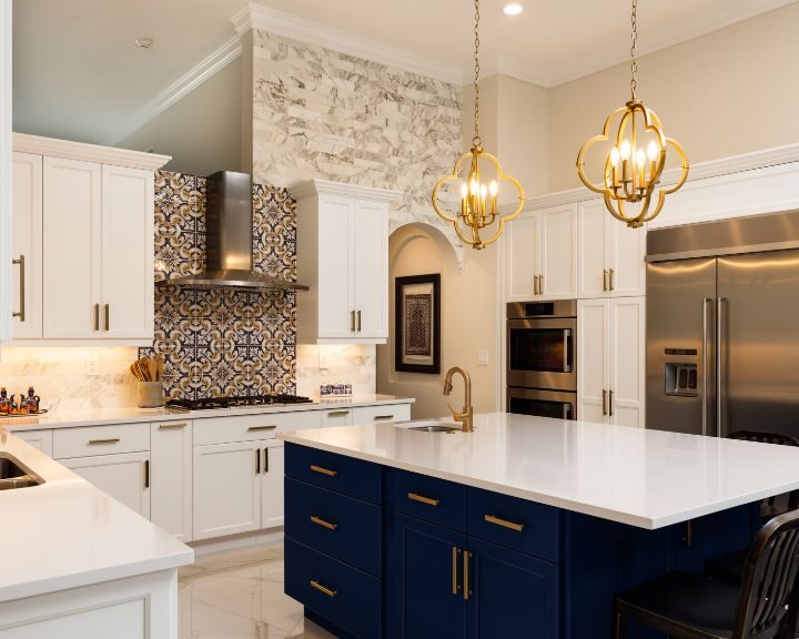 luxury-kitchen-cabinets-sarasota-fl-720x576px Modern kitchen with dark island and elegant lighting